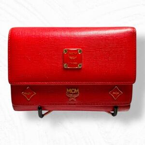 MCM 🪢 EUC! Scarlet Red Leather Trifold Wallet with MCM Charms & COA Card